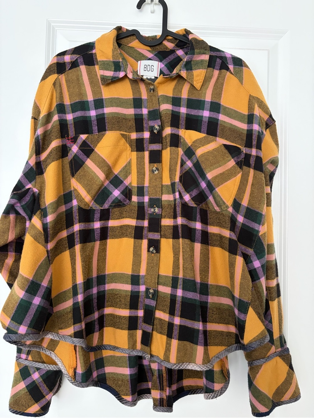 BDG Mustard Plaid Button-Down Shirt with Pink & Black Accents